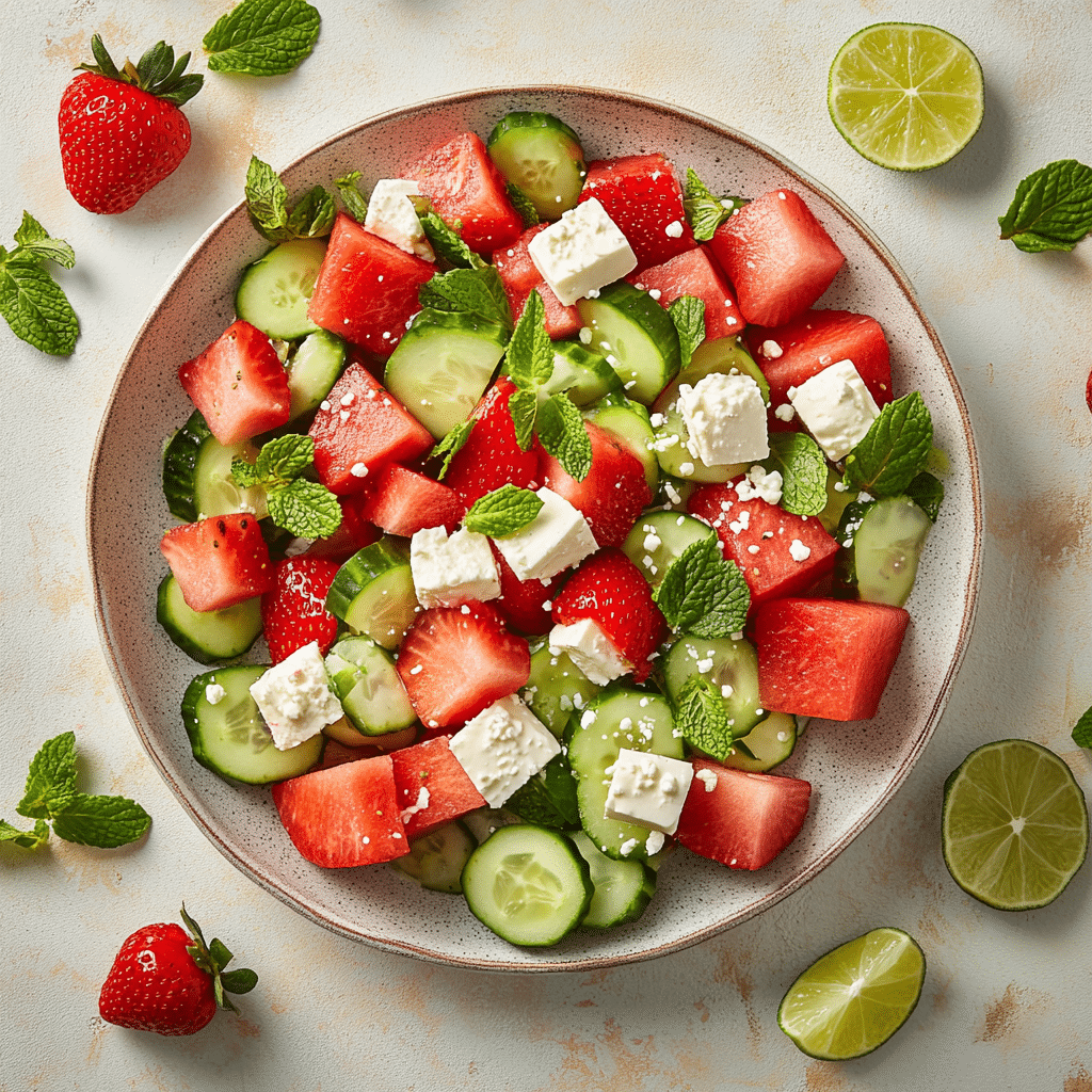 Watermelon Cucumber Salad with Strawberries and Feta