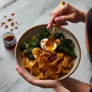 Chili Garlic Pappardelle with Smashed Broccoli and Soft Eggs Recipe