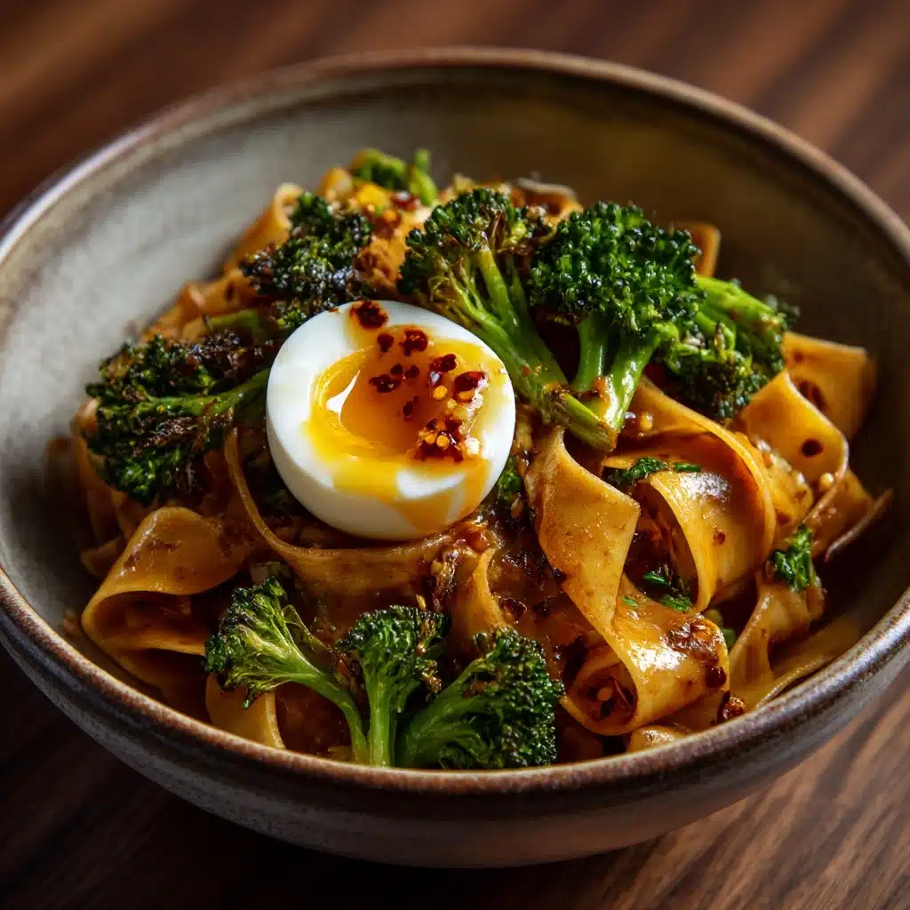 Chili Garlic Pappardelle with Smashed Broccoli and Soft Eggs Recipe - Recipe Image