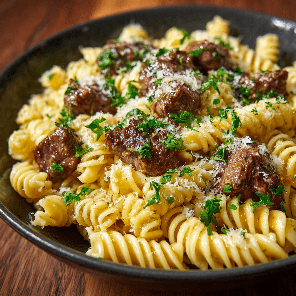 Beef and Rotini in Garlic Parmesan Sauce