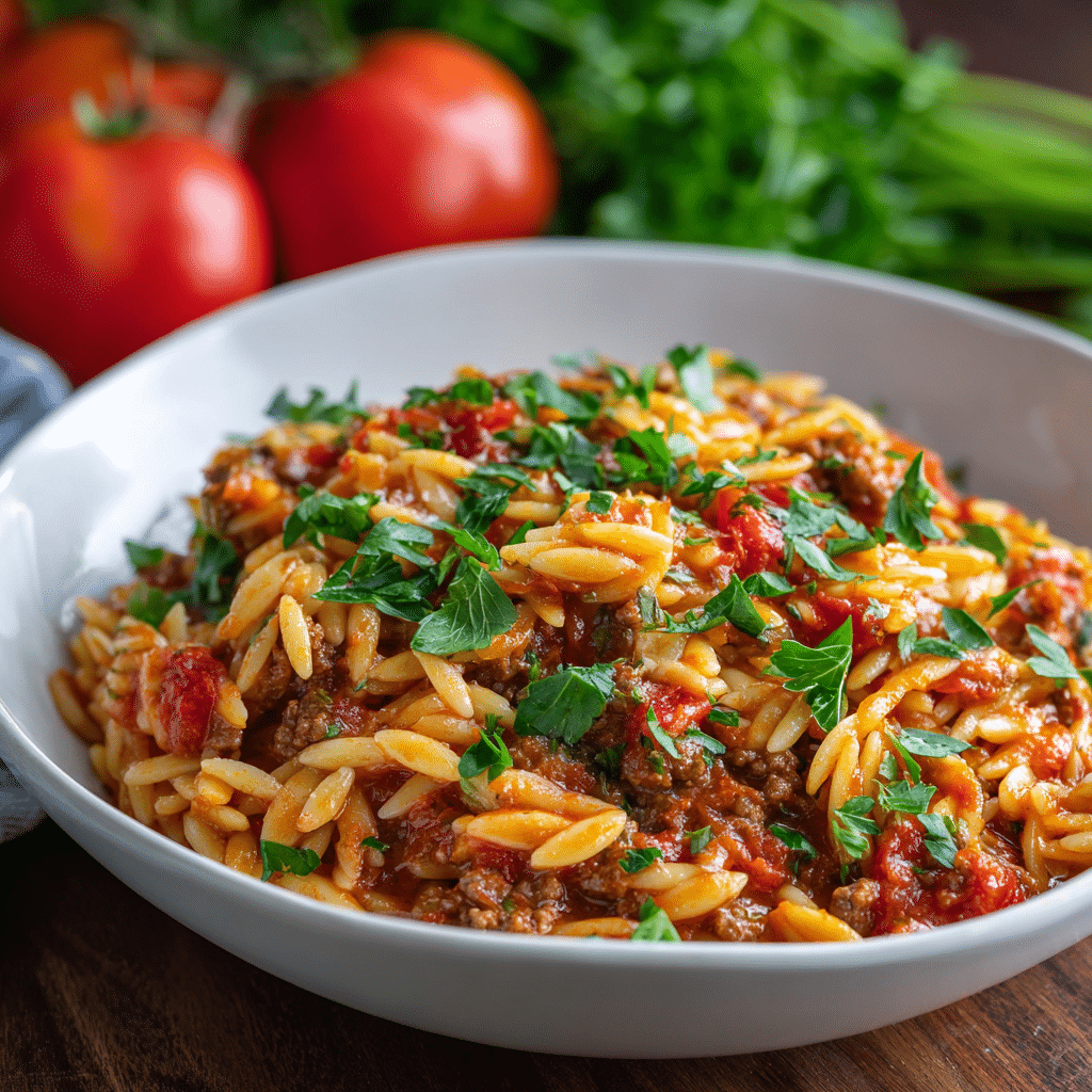One-Pan Ground Beef Orzo with Tomato Cream Sauce