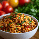 One-Pan Ground Beef Orzo with Tomato Cream Sauce