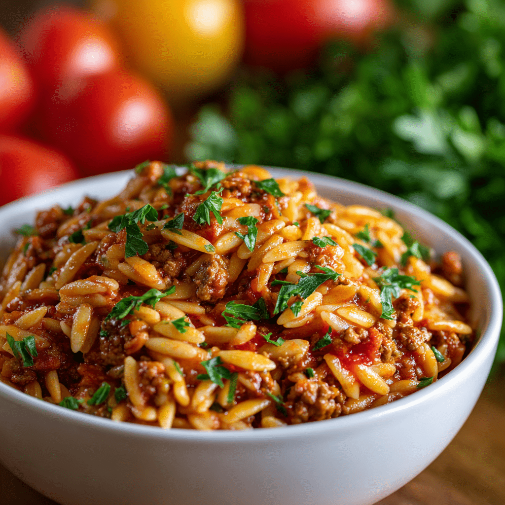One-Pan Ground Beef Orzo with Tomato Cream Sauce
