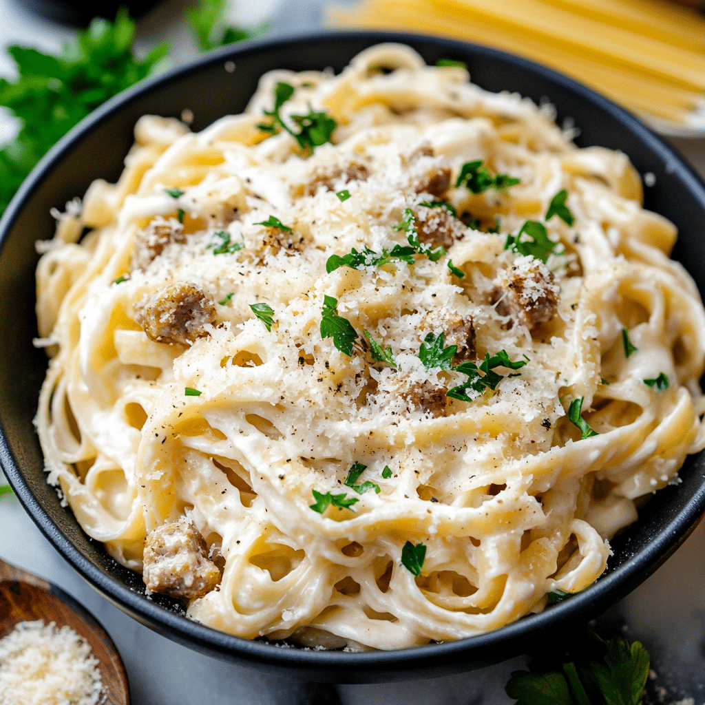 Cheesy Garlic Butter Linguine Pasta with Savory Ground Beef