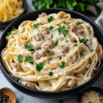 Cheesy Garlic Butter Linguine Pasta with Savory Ground Beef