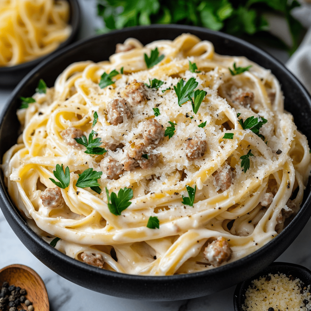 Cheesy Garlic Butter Linguine Pasta with Savory Ground Beef