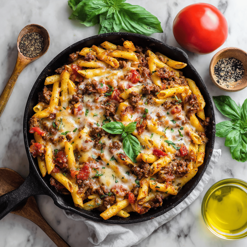 Cheesy Penne with Garlic Butter Ground Beef