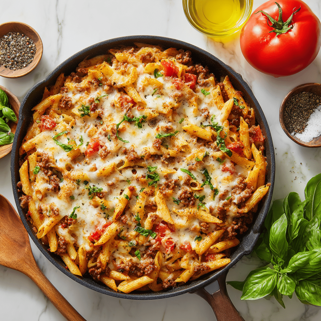 Cheesy Penne with Garlic Butter Ground Beef